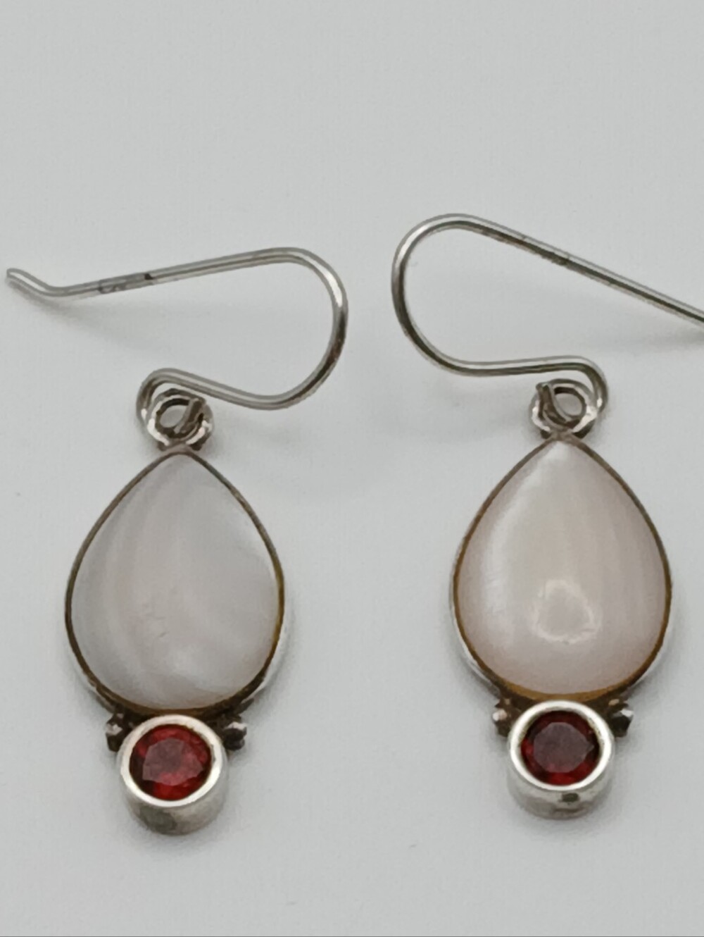 Vintage Moonstone Teardrop & Red Garnet Dangle Earrings in Silver Fishhook Wires